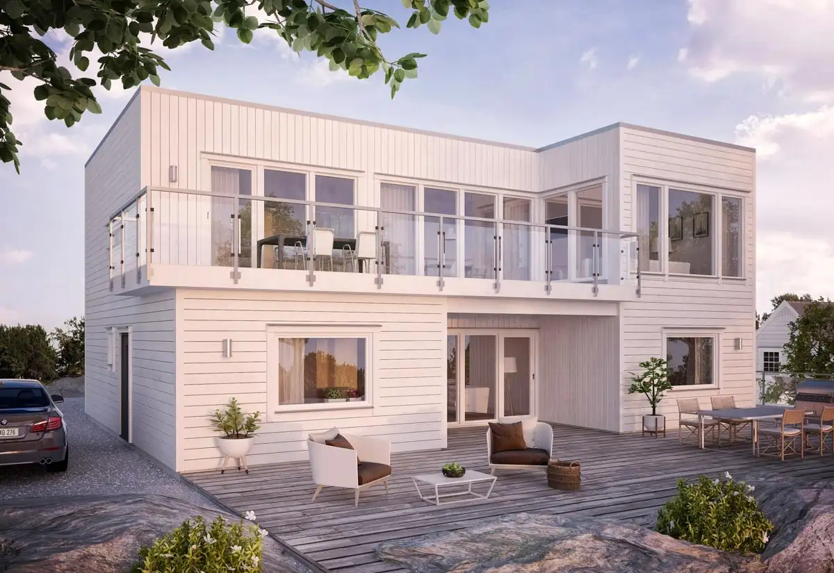 Hav&auml;ng &auml;r ett 2-plans modernt funkishus fr&aring;n Mj&ouml;b&auml;cksvillan med gener&ouml;sa umg&auml;ngesytor p&aring; &ouml;vre plan.